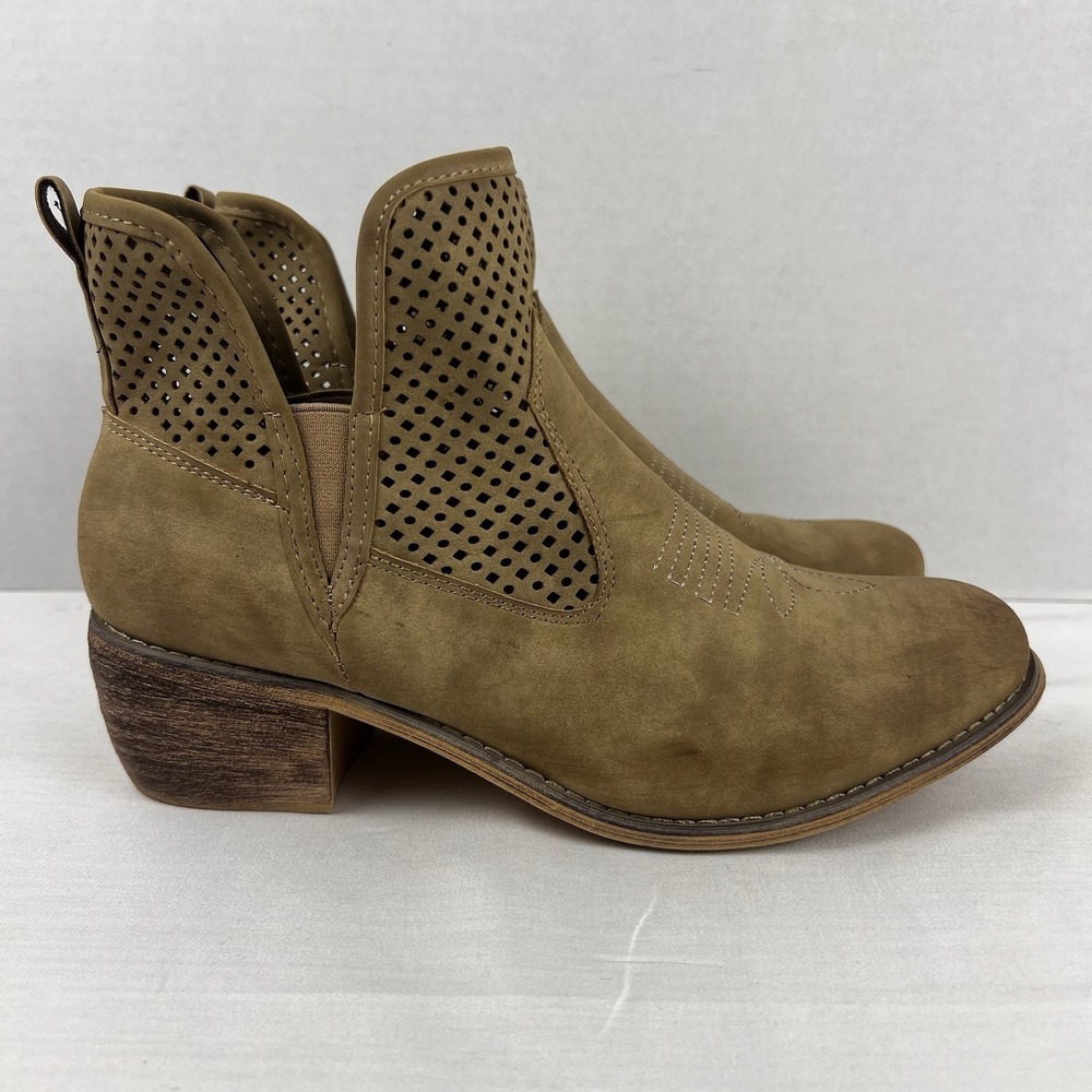 Alter'd State Brown Perforated Western Ankle Boots Sz 10 Boho Slip On Block Heel